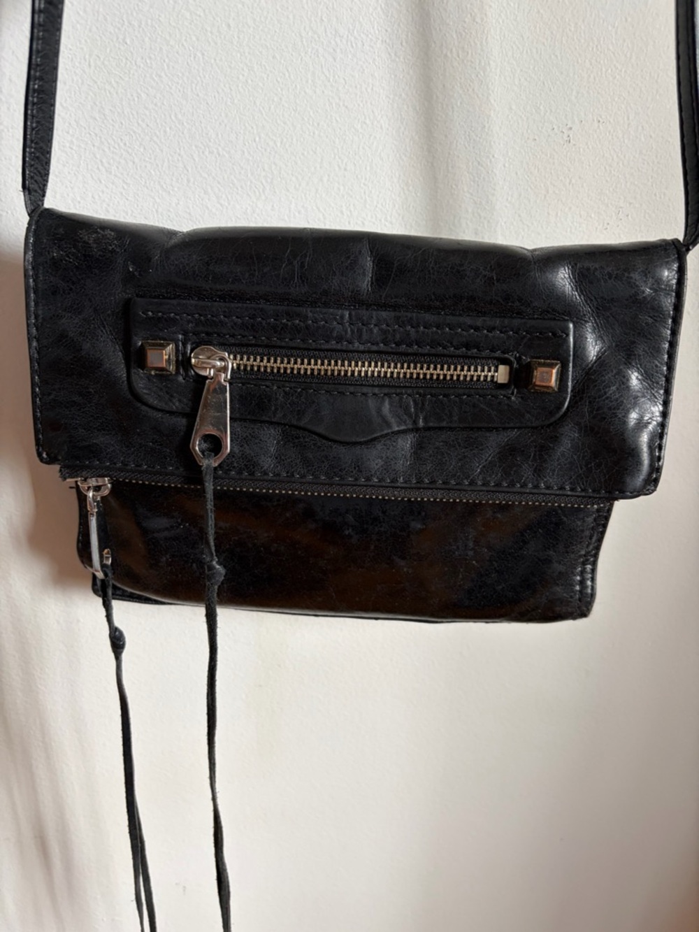 Rebecca Minkoff Black Leather Crossbody Bag with Fringes